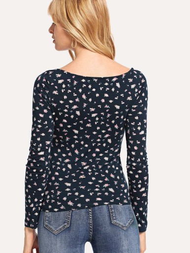 Ditsy Floral Print Square Neck Tee