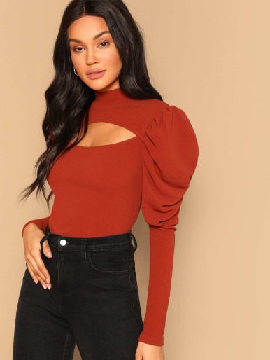 Mock-neck Cut-out Front Gigot Sleeve Top