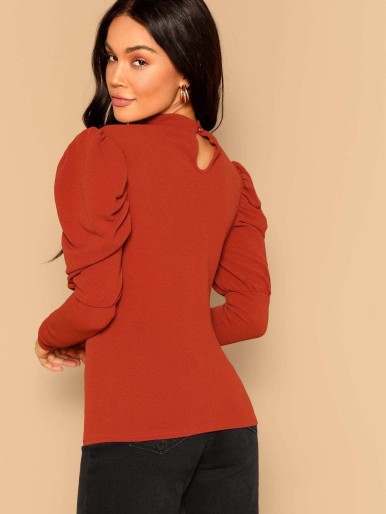 Mock-neck Cut-out Front Gigot Sleeve Top