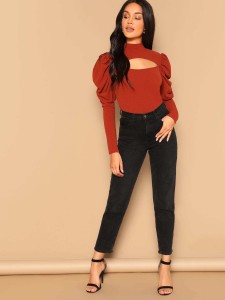 Mock-neck Cut-out Front Gigot Sleeve Top