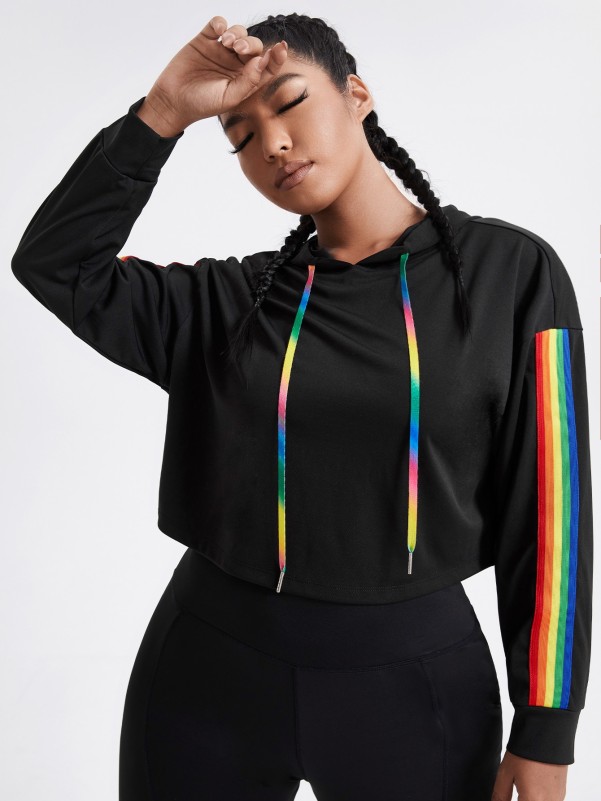 Plus Rainbow Striped Side Drawstring Sports Hoodie