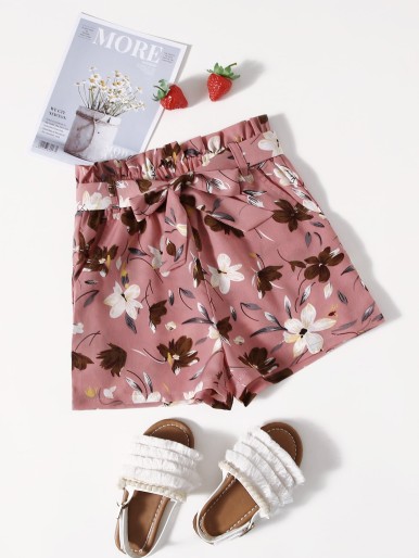 Girls Paperbag Waist Belted Floral Shorts