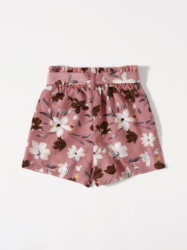 Girls Paperbag Waist Belted Floral Shorts