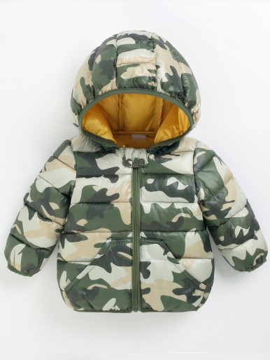 Toddler Boys Camo Print Zipper Hooded Puffer Coat