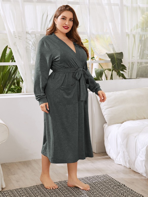 Plus Dual Pockets Belted Robe