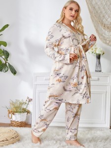 Plus 3pack Allover Floral Print Cami Top & Pants & Belted Robe Pajama Set