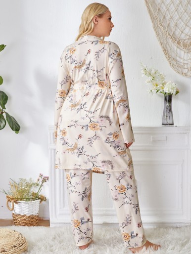 Plus 3pack Allover Floral Print Cami Top & Pants & Belted Robe Pajama Set