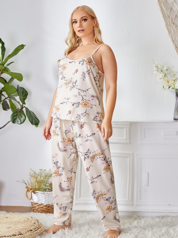 Plus 3pack Allover Floral Print Cami Top & Pants & Belted Robe Pajama Set