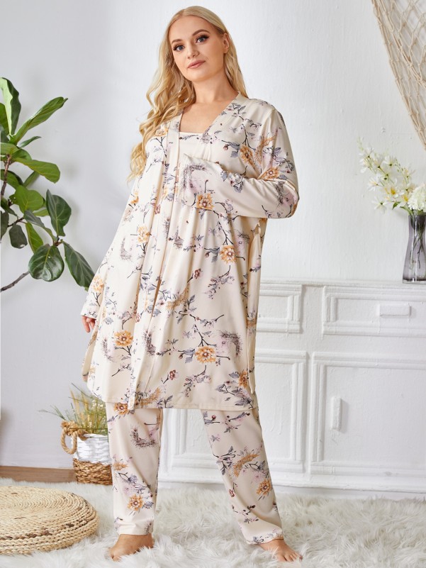 Plus 3pack Allover Floral Print Cami Top & Pants & Belted Robe Pajama Set