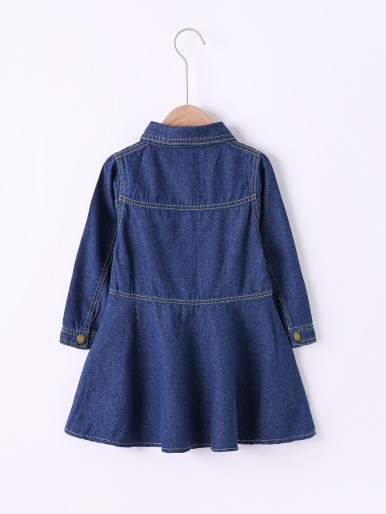 Girls Flap Pocket Topstitching Ruffle Hem Denim Dress