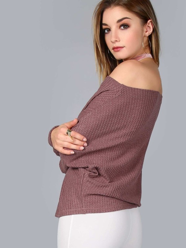 Waffle Knit Asymmetric Shoulder T-shirt