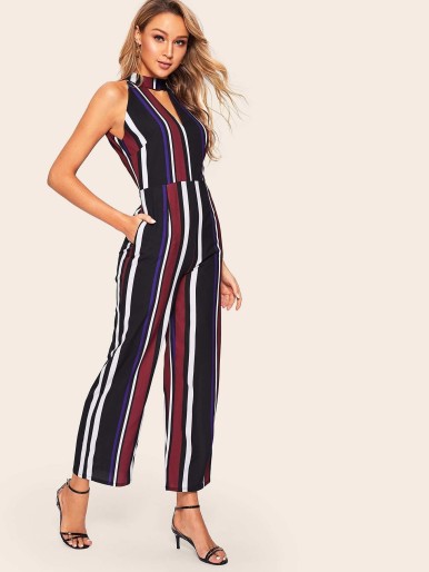 Striped Keyhole Neck Jumpsuit