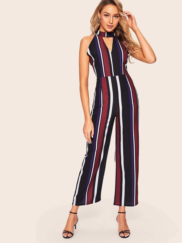 Striped Keyhole Neck Jumpsuit