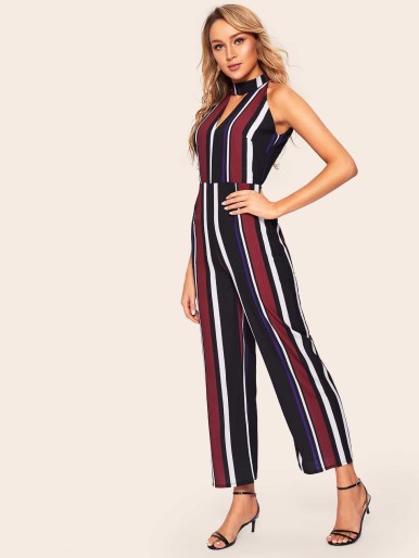 Striped Keyhole Neck Jumpsuit