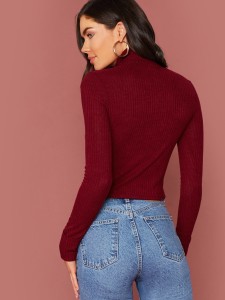 Solid Ribbed Knit Mock Neck Sweater