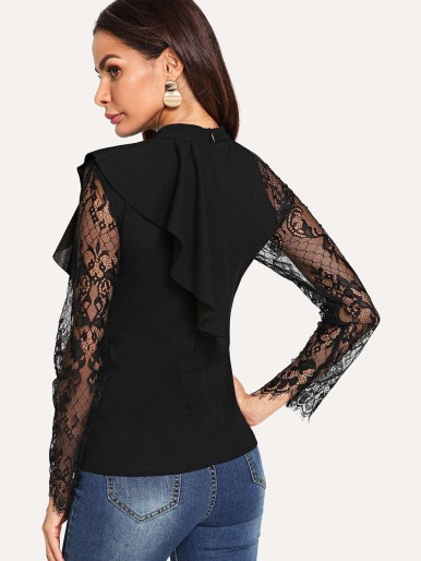 Lace Sleeve Ruffle Shoulder Top