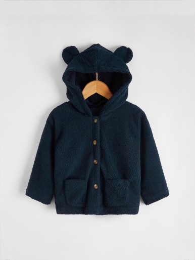 Toddler Boys 3D Ear Patched Single Breasted Hooded Teddy Coat