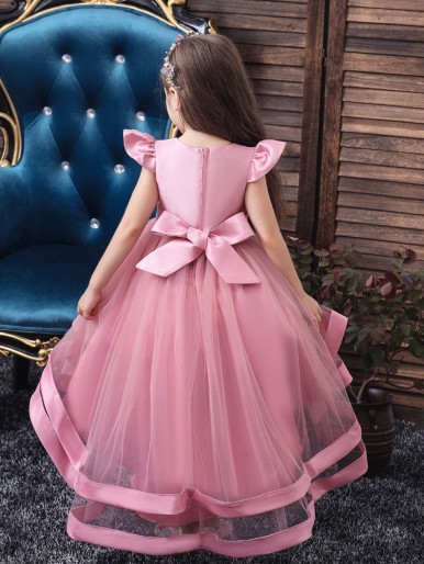 Girls Pearls Layered Mesh Gown Dress