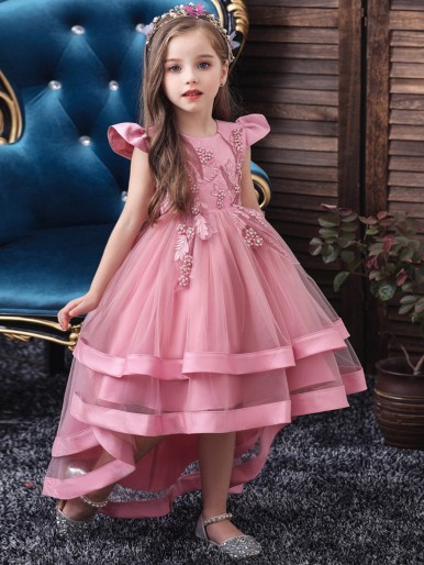 Girls Pearls Layered Mesh Gown Dress