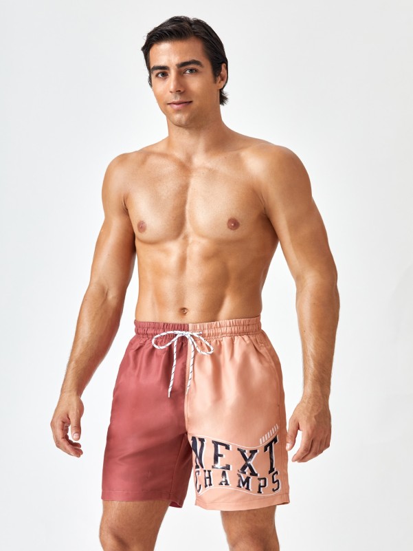 Men Two Tone Letter Graphic Swim Trunks