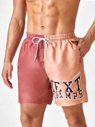 Men Two Tone Letter Graphic Swim Trunks