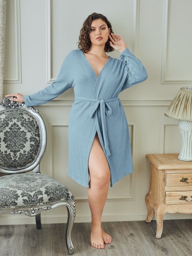 Plus Rib-knit Belted Robe