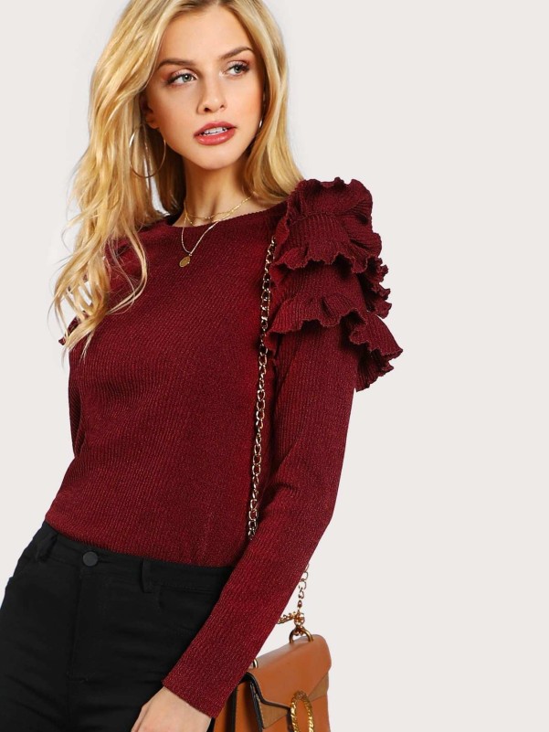 Layered Ruffle Shoulder Rib Knit T-shirt