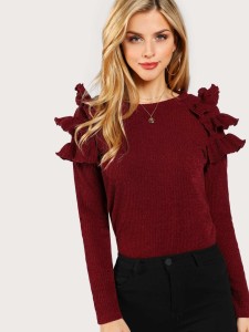 Layered Ruffle Shoulder Rib Knit T-shirt