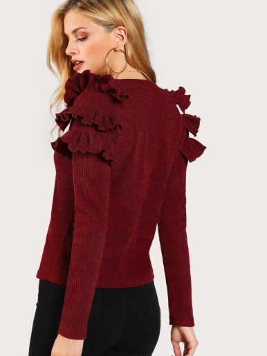 Layered Ruffle Shoulder Rib Knit T-shirt