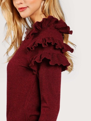 Layered Ruffle Shoulder Rib Knit T-shirt