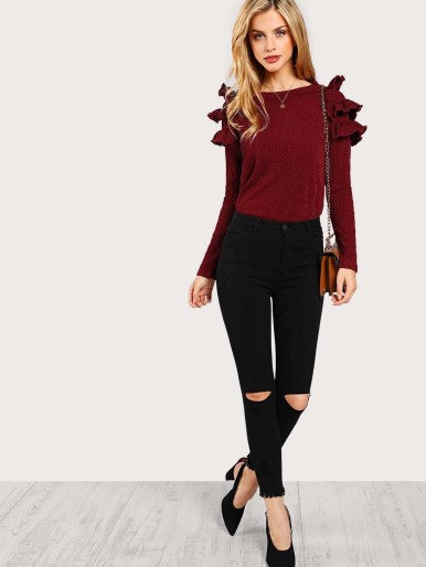 Layered Ruffle Shoulder Rib Knit T-shirt