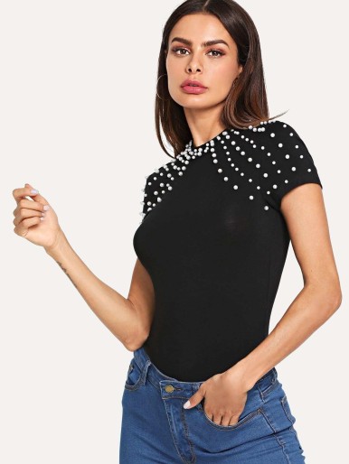 Pearl Embellished Form Fitting Tee