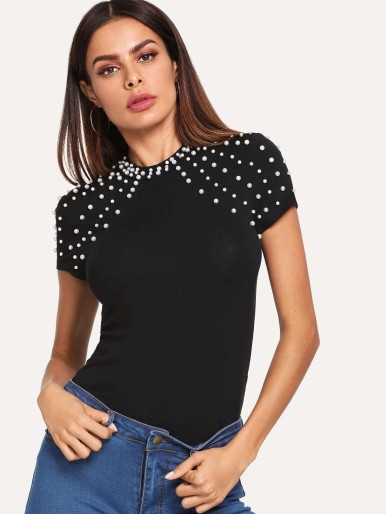 Pearl Embellished Form Fitting Tee