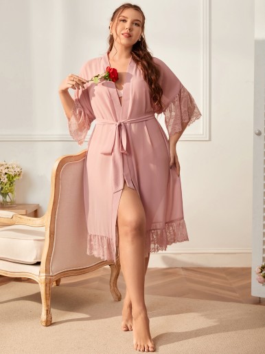 Plus Contrast Lace Flounce Sleeve Belted Sleep Robe Without Lingerie Set