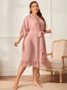 Plus Contrast Lace Flounce Sleeve Belted Sleep Robe Without Lingerie Set