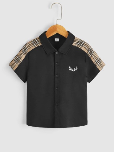 Toddler Boys Plaid & Antlers Print Button Front Shirt