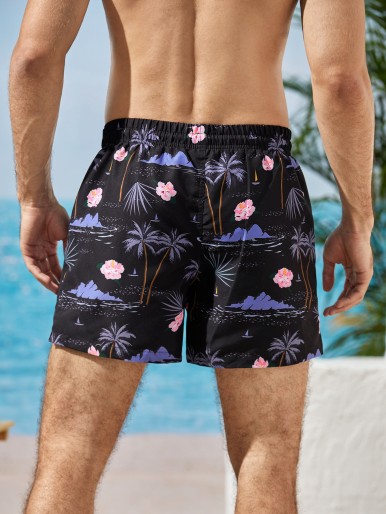 Men Tropical Print Drawstring Swim Trunks