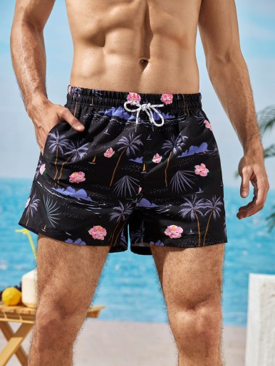 Men Tropical Print Drawstring Swim Trunks