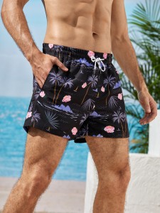 Men Tropical Print Drawstring Swim Trunks