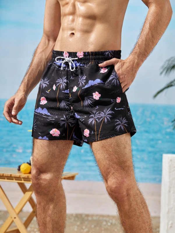 Men Tropical Print Drawstring Swim Trunks