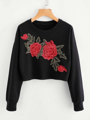 Embroidered Applique Drop Shoulder Sweatshirt