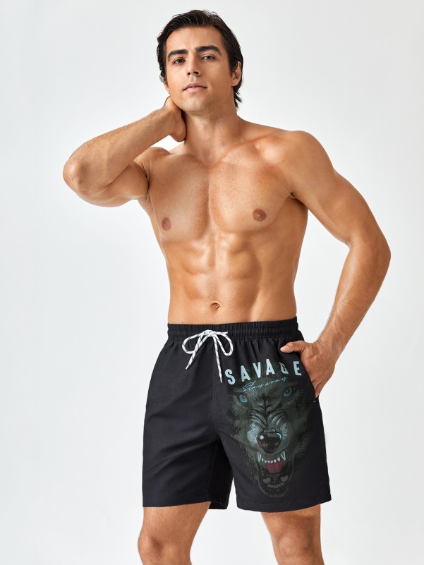 Men Wolf Print Drawstring Waist Swim Trunks