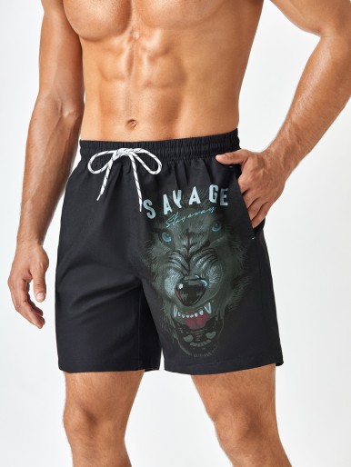 Men Wolf Print Drawstring Waist Swim Trunks