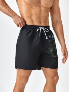 Men Wolf Print Drawstring Waist Swim Trunks