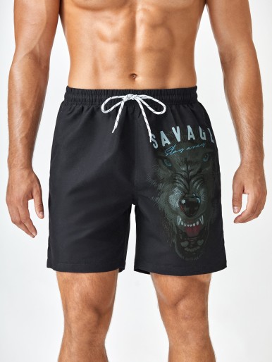 Men Wolf Print Drawstring Waist Swim Trunks