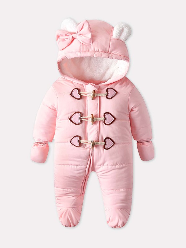 Baby 3D Ear Design Teddy Lined Duffle Footed Jumpsuit With Gloves