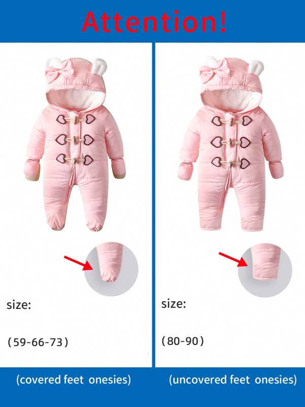 Baby 3D Ear Design Teddy Lined Duffle Footed Jumpsuit With Gloves