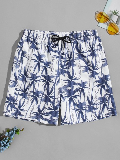 Men Palm Tree & Letter Graphic Drawstring Swim Trunks