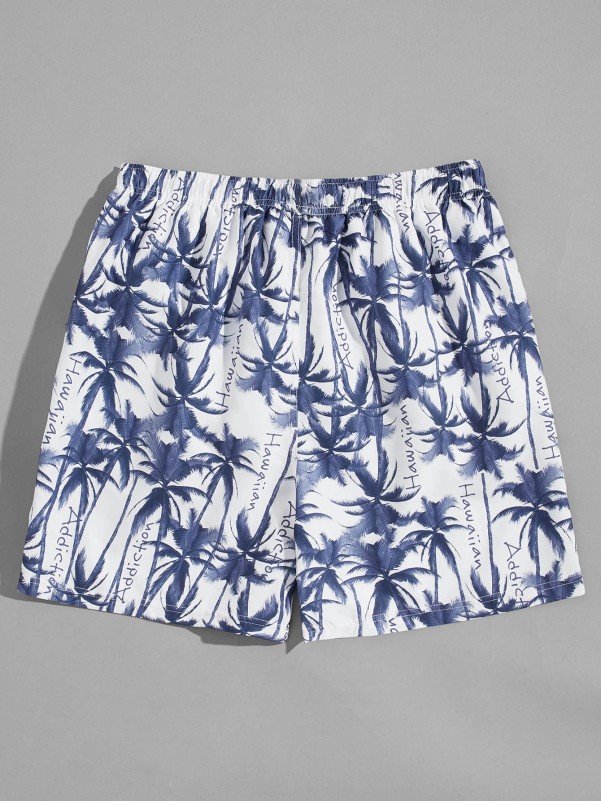 Men Palm Tree & Letter Graphic Drawstring Swim Trunks