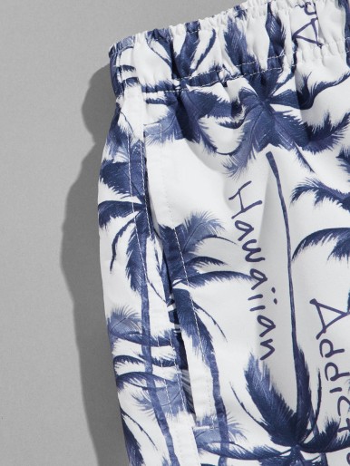 Men Palm Tree & Letter Graphic Drawstring Swim Trunks